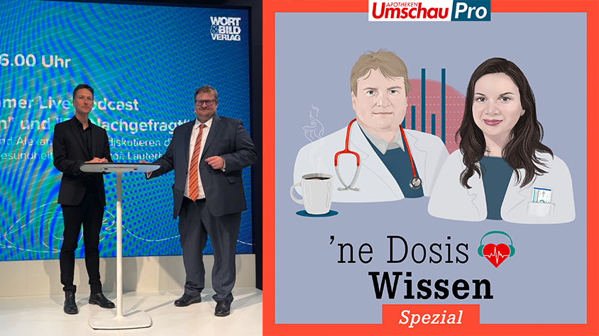 Alexander Müller, Chefredakteur Pharmazeutische Zeitung, und Dr. Dennis Ballwieser, Chefredakteur Apotheken Umschau, bei der Live-Aufnahme des Podcasts auf der expopharm 2024.